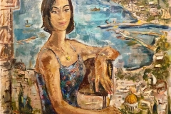 Mid Century Modernist Israeli 'Sabra in Haifa' Landscape Harbor Oil Painting